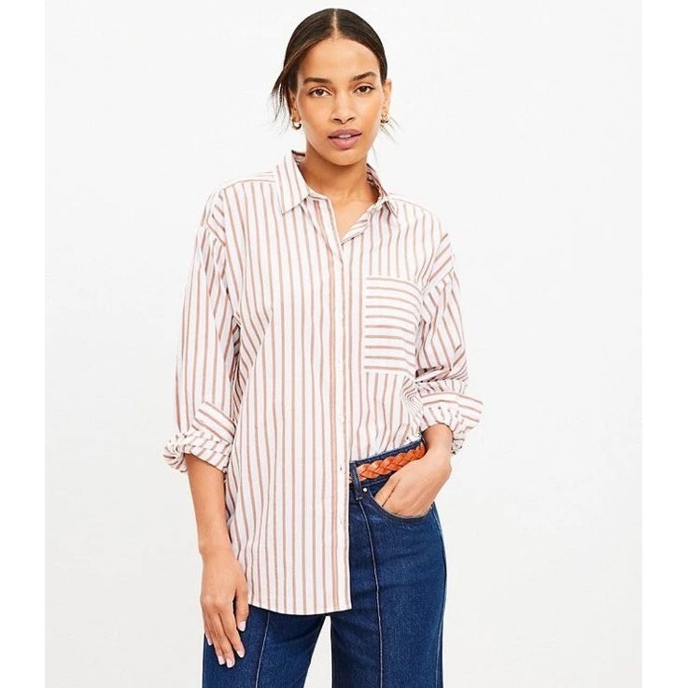 LOFT Womens Medium Brown White Striped Button Down Shirt Oversized Pocket Top